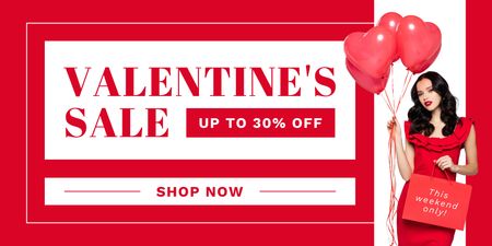 Valentine's Day Sale Announcement with Woman in Red Dress Twitter Design Template