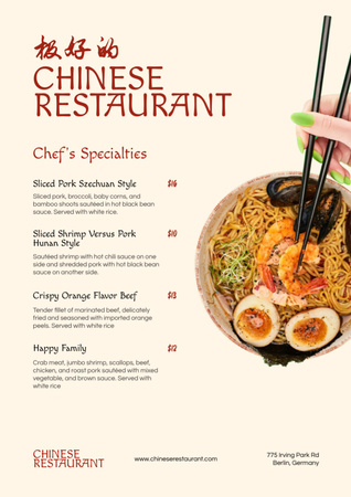 Chinese Restaurant Ad with Tasty Noodles Menu Modelo de Design