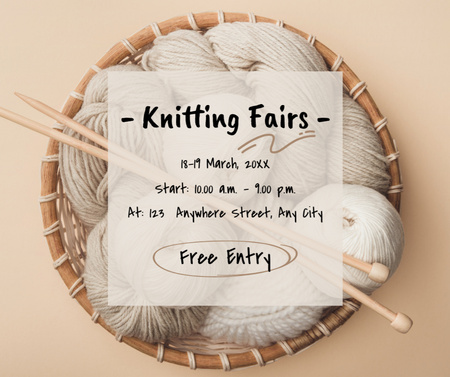 Knitting Fair Announcement with White Skeins of Wool Facebook Design Template