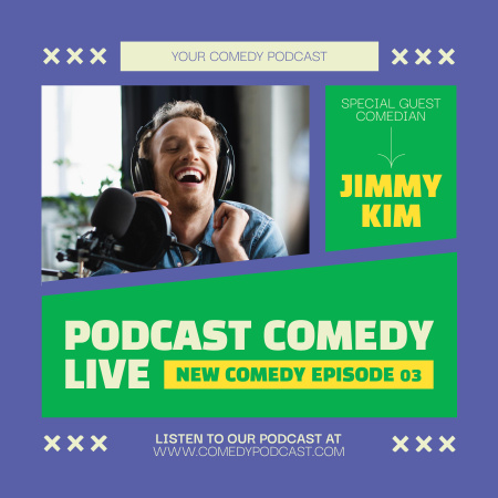Ontwerpsjabloon van Podcast Cover van Aankondiging van live comedy-aflevering met Laughing Man