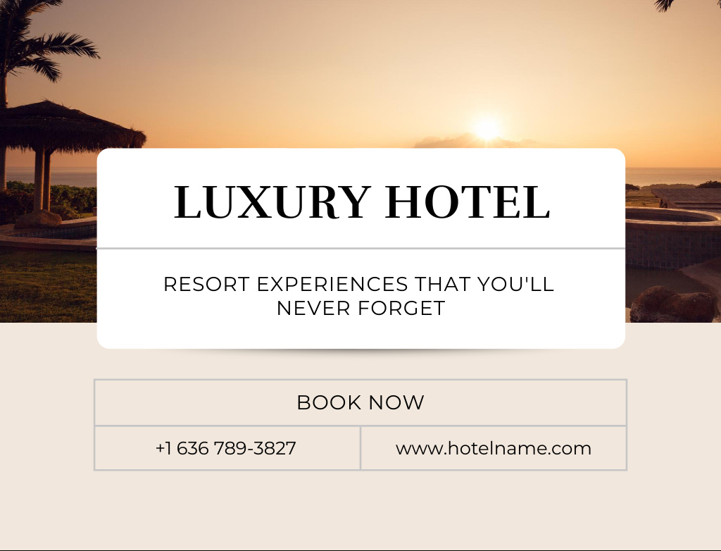 Luxury Hotel Ad with Beautiful Beach Postcard 4.2x5.5in Tasarım Şablonu
