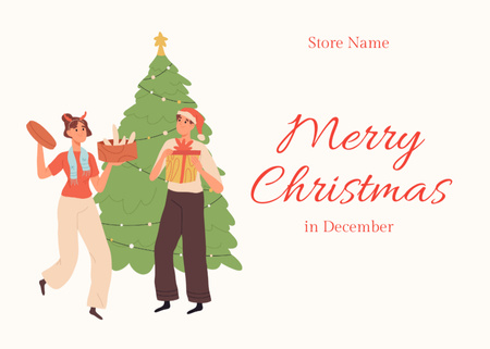 Christmas Greetings with Illustrated Couple Smiling Postcard 5x7in Design Template