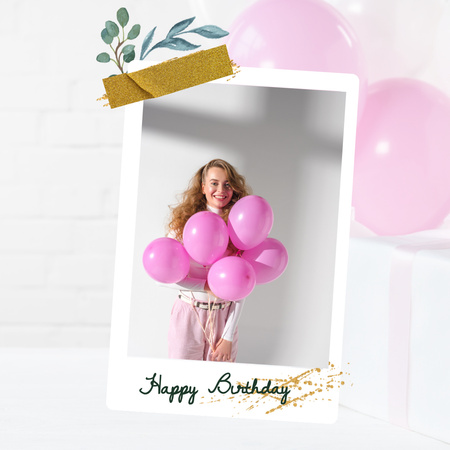 Stylish Birthday Greetings with Happy Girl Holding Balloons Instagram Design Template