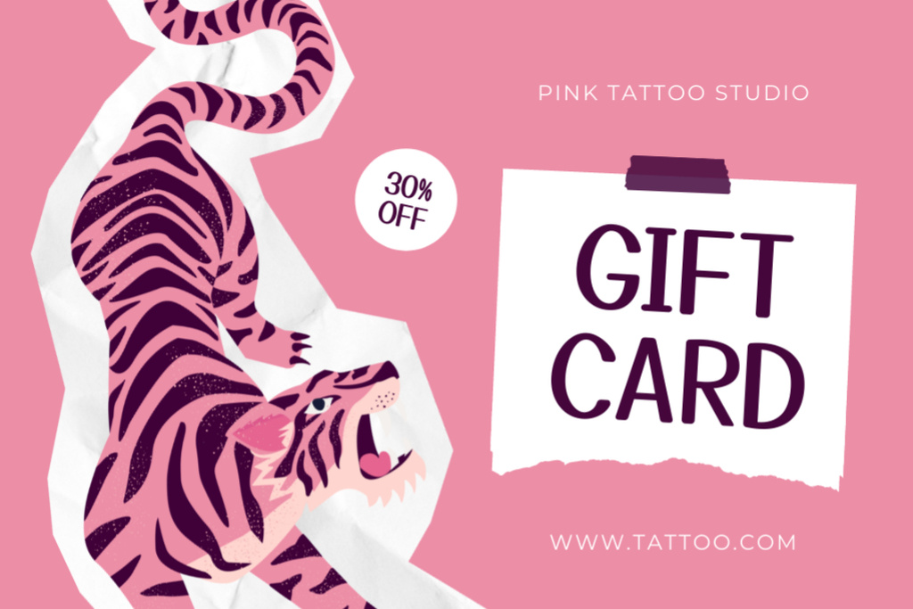 Ontwerpsjabloon van Gift Certificate van Cute Tiger Tattoo Studio Service With Discount In Pink