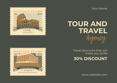 Travel Agency Ad with Vintage Postal Stamps on Green Card Design Template