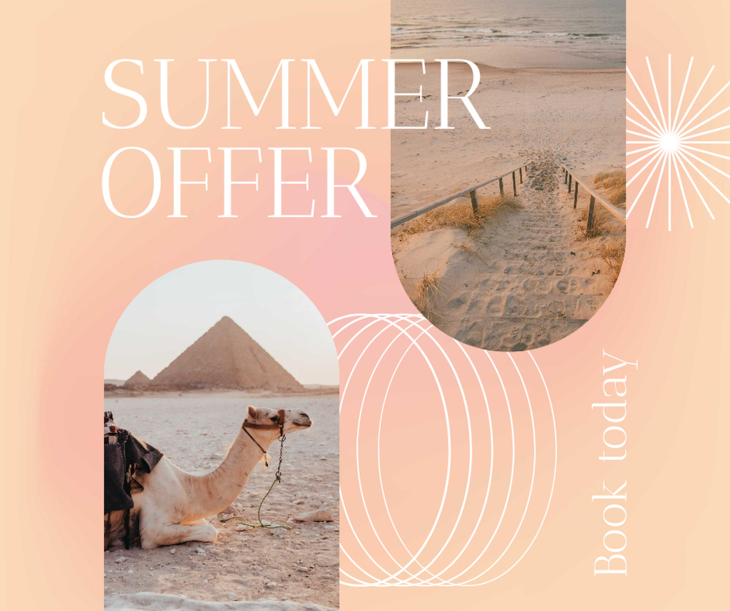 Summer Travel Offer with Camel on Beach Facebook Šablona návrhu