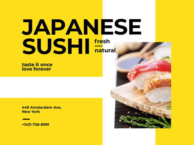 Japanese Seafood Sushi on Wooden Plate in Yellow Poster 18x24in Horizontal tervezősablon