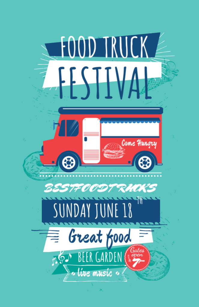 Food Truck Festival Announcement With Illustration of Van Invitation 5.5x8.5in Modelo de Design