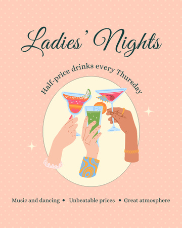 Modèle de visuel Annonce de Lady's Night avec cocktails signature - Instagram Post Vertical