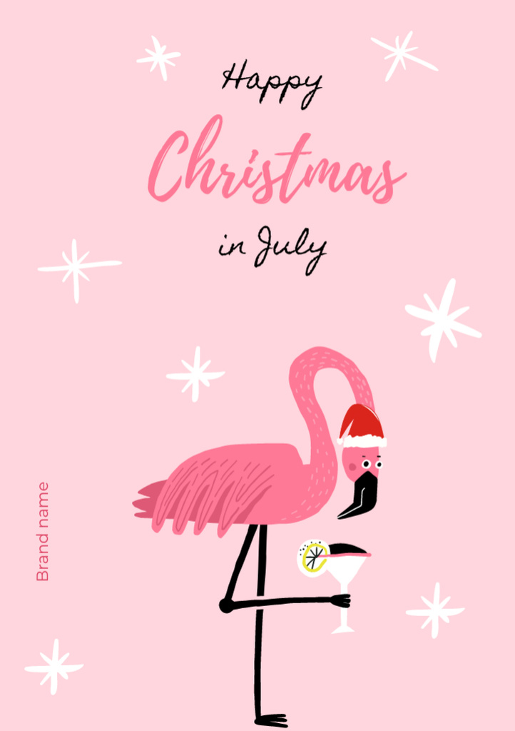 Merry Christmas in July Greeting with Pink Flamingo Postcard A5 Vertical Design Template