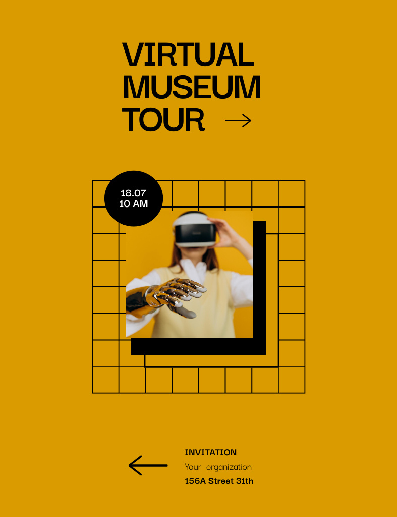 Platilla de diseño Woman with Artificial Limb on Virtual Museum Tour Announcement Invitation 13.9x10.7cm