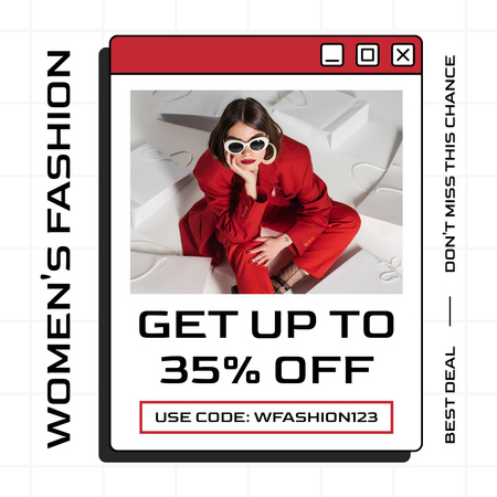 Fiatal nő lenyűgöző piros öltönyben és napszemüvegben Instagram tervezősablon