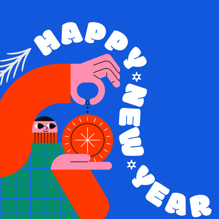 New Year Greeting with Cartoon Man and Christmas Decoration Instagram Design Template