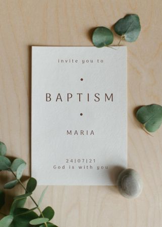 Child's Baptism Announcement with Green Plant Leaves Invitation Design Template