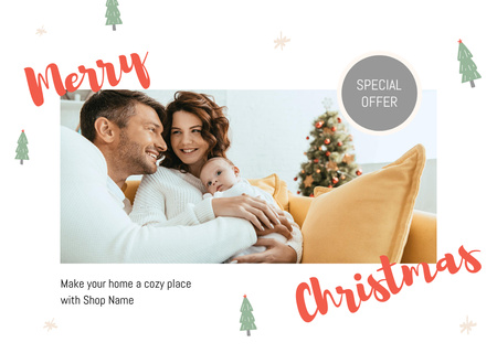 Young Couple with Newborn Baby Celebrating Christmas in July Card Design Template