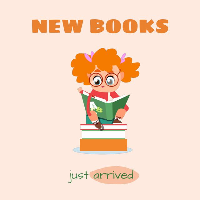 New Books Announcement with Cute Child Animated Post Modelo de Design