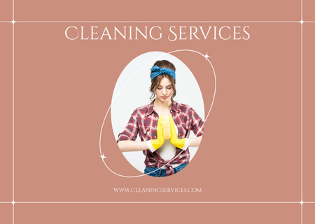 Cleaning Services Offer with Girl Doing Job Flyer 5x7in Horizontal Design Template