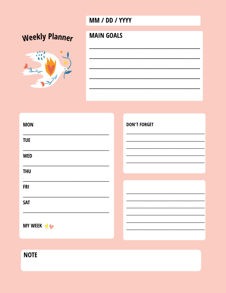 Plantilla de diseño de Weekly Goals with Dove of Peace on Pink Notepad 8.5x11in 