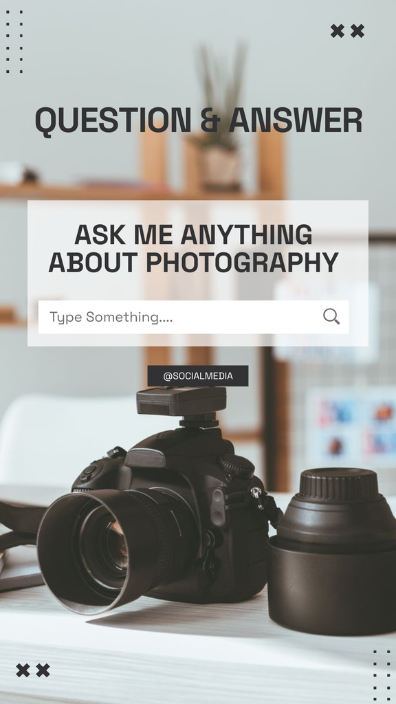 Designvorlage Ask Me Anything About Photography With Camera And Lenses für Instagram Story