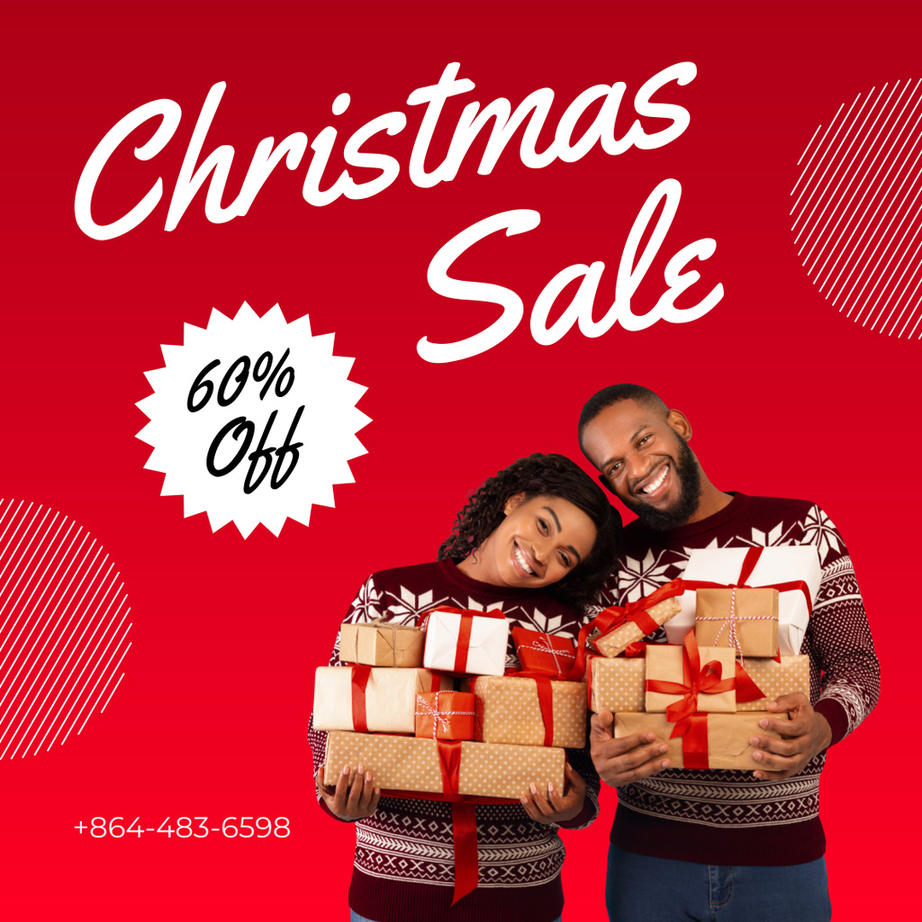 Christmas Sale Promotion with Cheerful Young Couple Instagram AD Modelo de Design