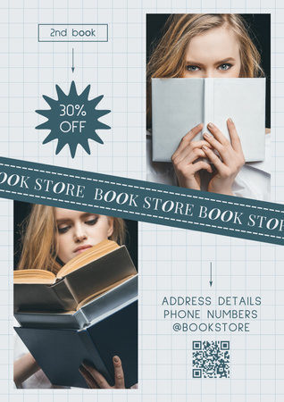 Оголошення книжкового магазину з жінкою з книгою Poster – шаблон для дизайну