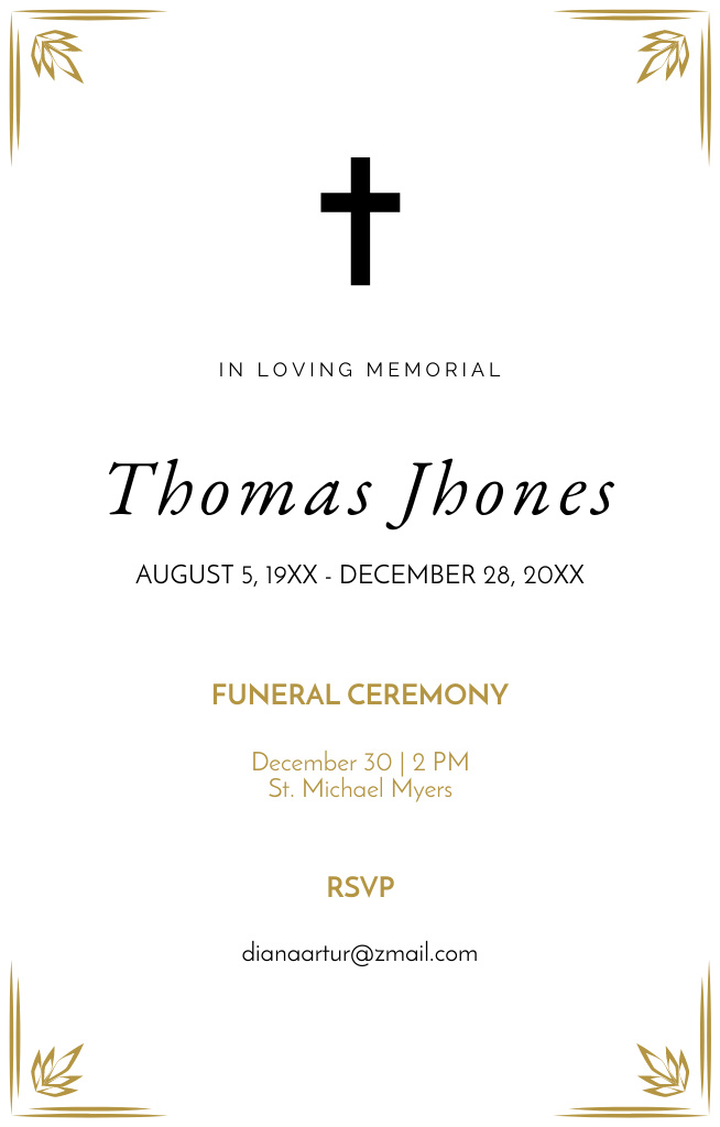 Funeral Ceremony Classic Card Invitation 4.6x7.2in Tasarım Şablonu