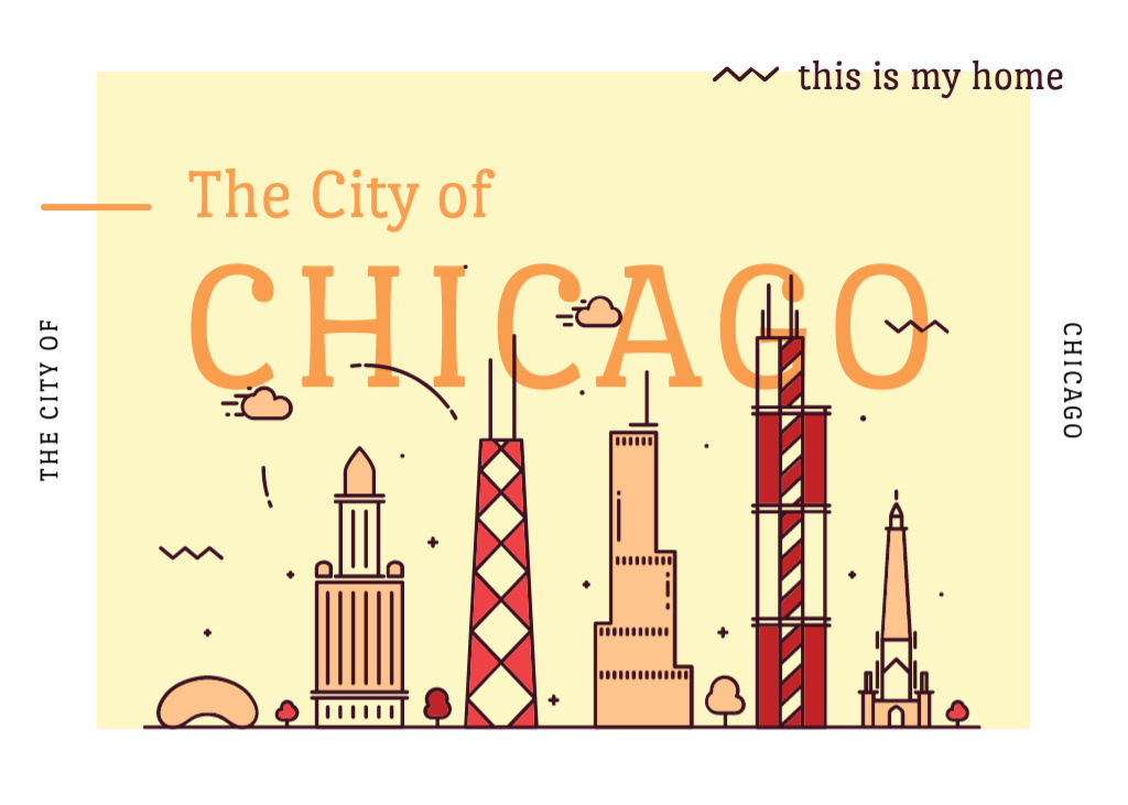 Chicago Illustrated City View With Skyscrapers Postcard 5x7in Design Template