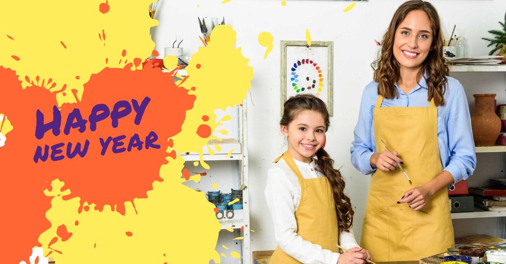 Designvorlage New Year Greeting with Woman and Child in Studio für Facebook AD