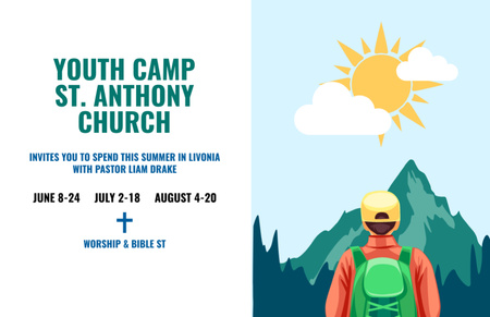 Ontwerpsjabloon van Flyer 5.5x8.5in Horizontal van jeugd religie kamp uitnodiging met jongen in de bergen