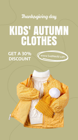 Designvorlage Thanksgiving-Ausverkauf von Herbstkleidung für Kinder mit süßer Pufferjacke für Instagram Story