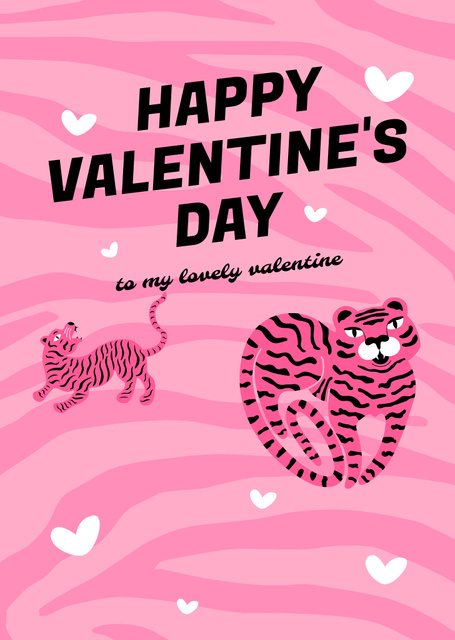 Valentine's Day Congratulation With Lovely Tigers Postcard A6 Vertical Design Template