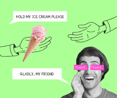 Funny Illustration of Laughing Man and Pink Ice Cream Facebook Design Template