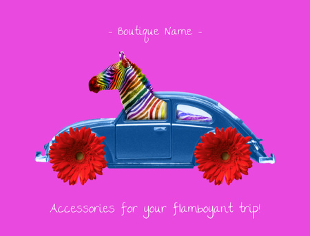 Funny Illustration of Zebra in Car Postcard 4.2x5.5in Design Template
