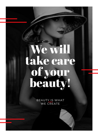 Platilla de diseño Motivational Quote About Beauty And Caring with Beautiful Woman Postcard 5x7in Vertical