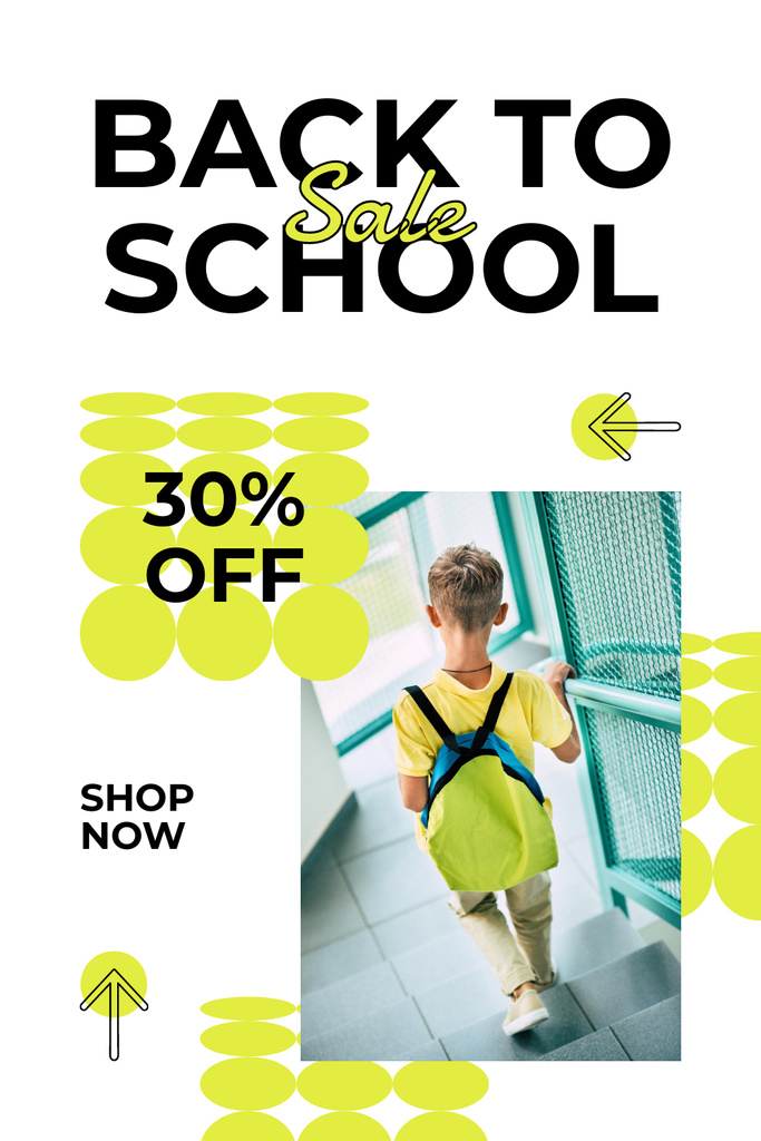 Modèle de visuel Discount on School Supplies with Boy and Backpack - Pinterest