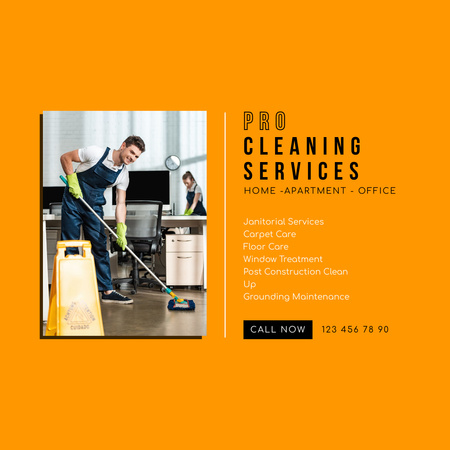 Oferta de serviços de limpeza com homem de uniforme com aspirador de pó Instagram AD Modelo de Design