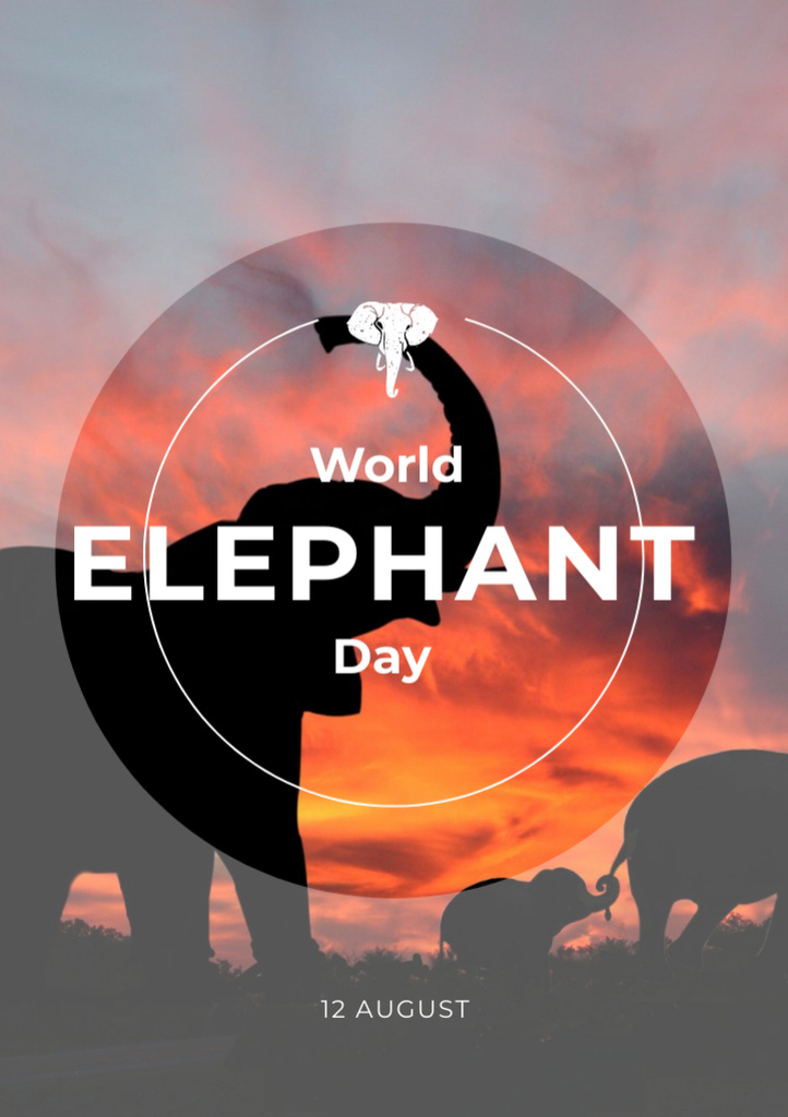 World Elephant Day With Elephants On Sunset Postcard A5 Vertical Tasarım Şablonu