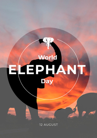 World Elephant Day With Elephants On Sunset Postcard A5 Vertical Design Template