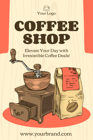 Ontwerpsjabloon van Pinterest van Pakje Koffie En Handmolen In Coffeeshop