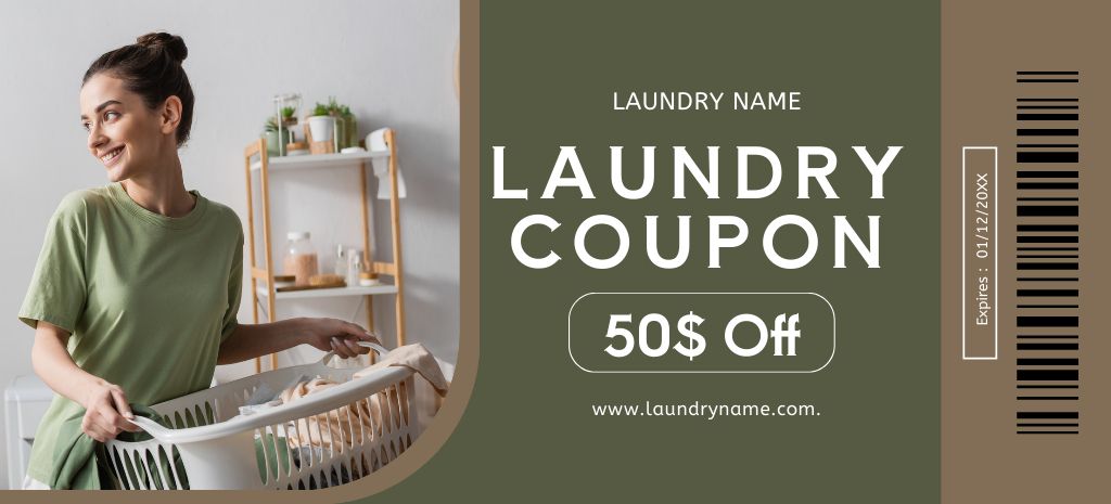 Offer Discounts on Laundry Service with Happy Woman Coupon 3.75x8.25in Šablona návrhu