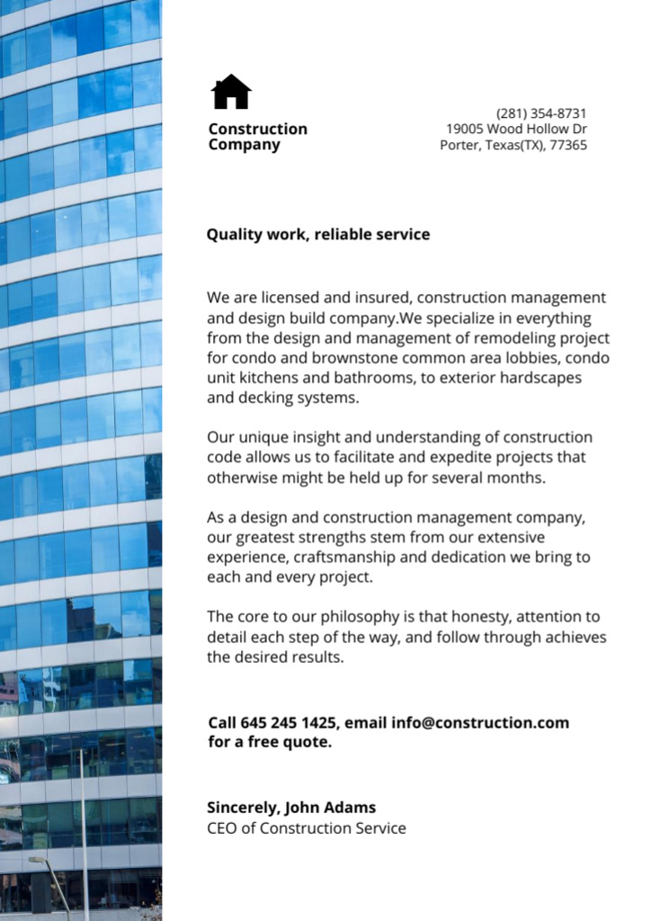 Platilla de diseño Competent Construction Company Offer With Glass Facade Letterhead