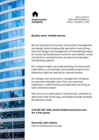 Competent Construction Company Offer With Glass Facade Letterhead Design Template