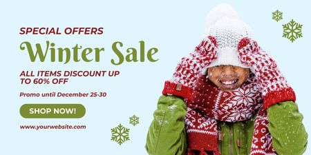 Winter Sale Announcement with Woman in Warm Clothes Twitter Design Template