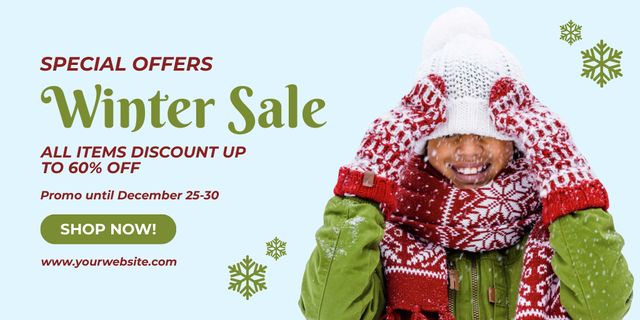 Winter Sale Announcement with Woman in Warm Clothes Twitterデザインテンプレート