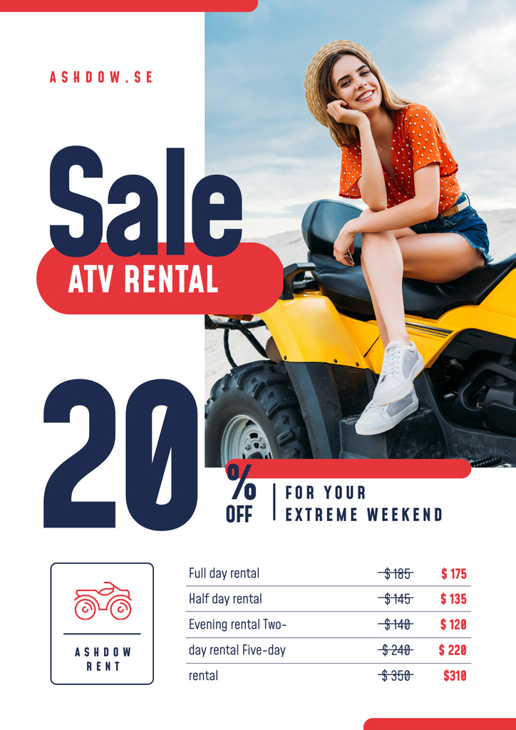 Plantilla de diseño de ATV Rental Services with Girl on Four-track Poster 