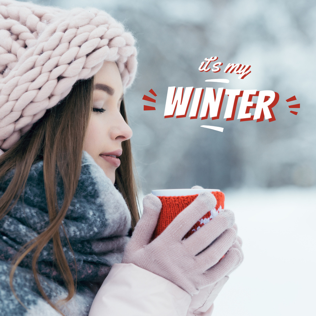 Winter Inspiration with Girl Drinking Hot Tea Instagram Tasarım Şablonu