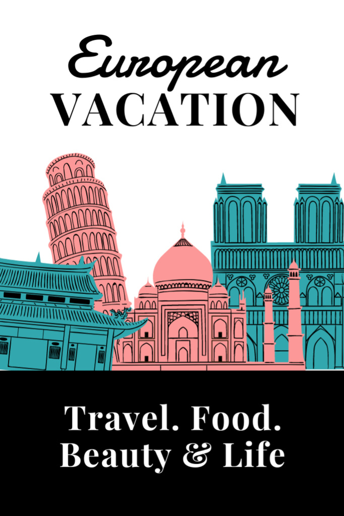 Designvorlage European Vacation With Sketches Famous Showplaces für Postcard 4x6in Vertical