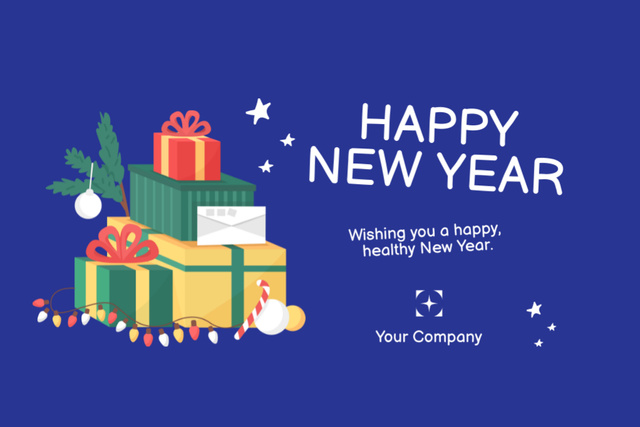 New Year Wishes with Colorful Presents and Garland in Blue Postcard 4x6in Design Template