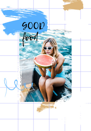 Ontwerpsjabloon van Poster 28x40in van Aantrekkelijke blonde vrouw met watermeloen bij het zwembad