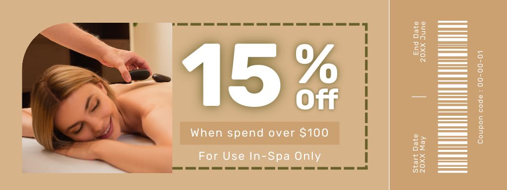 Ontwerpsjabloon van Coupon van Spa Salon Ad with Young Woman Receiving Hot Stone Massage